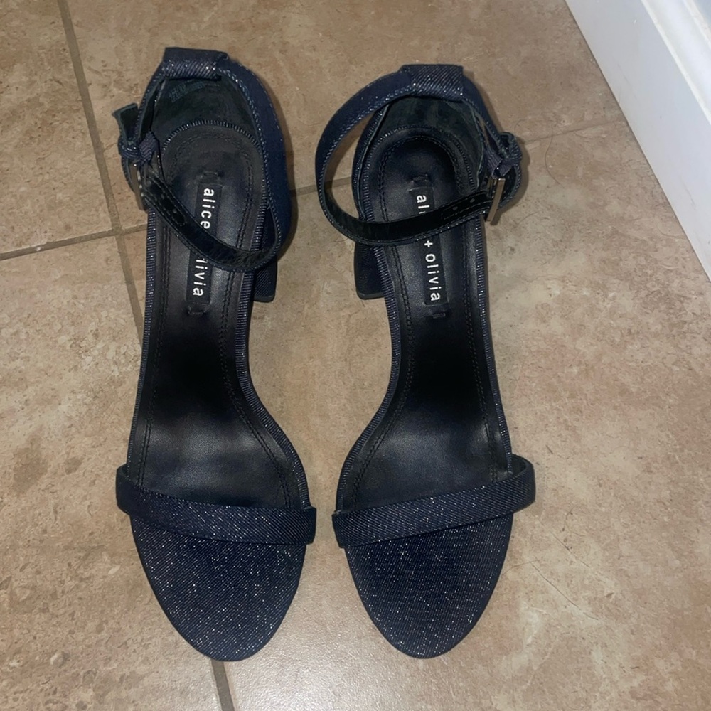 Alice and Olivia Lillian Block Heel Shoes Denim Sparkle Size 9